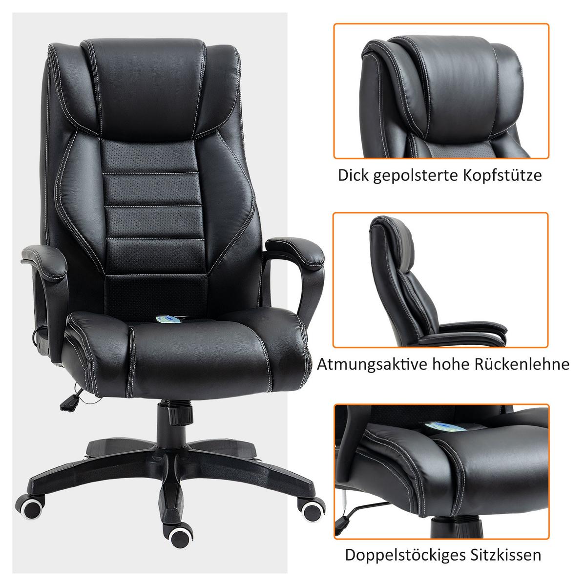 BÜROSTUHL mit Massage, Schwarz - Schwarz, Leder (64/120/74cm) - Vinsetto