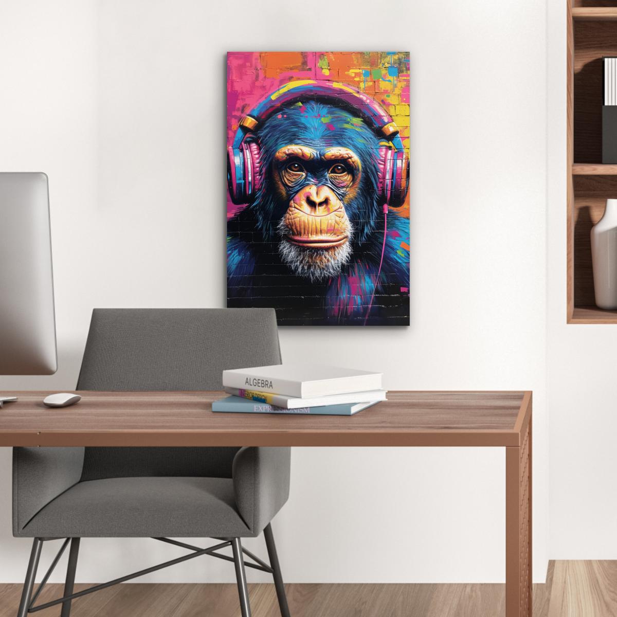 METALLBILD Graffiti - Schimpanse - Straßenkunst - Kopfhörer - Affe Deko Schlafzimmer 40x60 cm - Blau, Metall (40/60cm) - MuchoWow