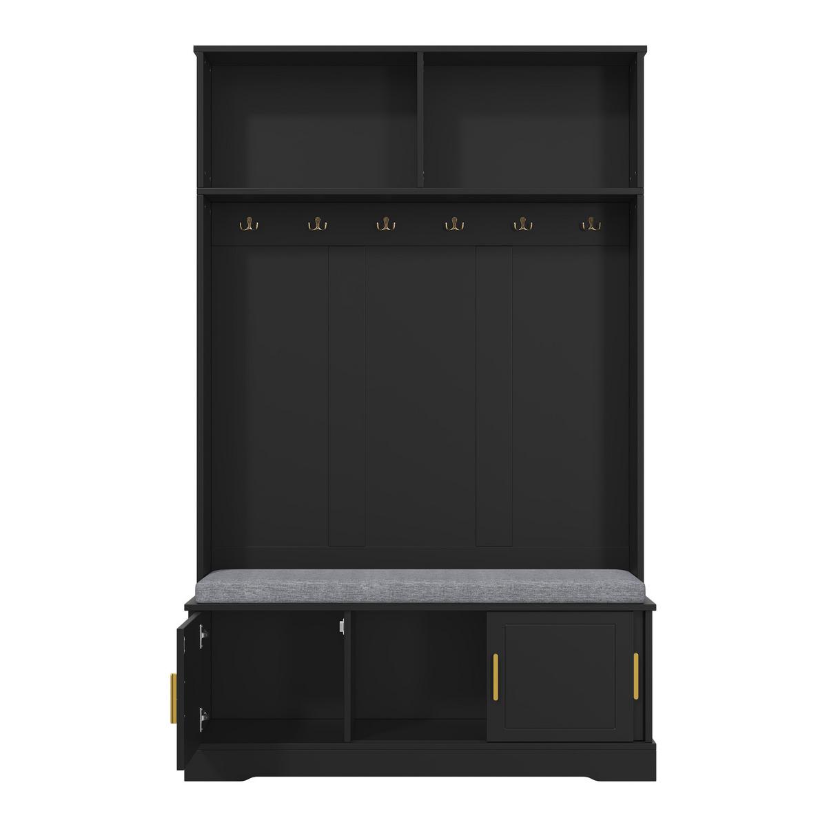 GARDEROBENSET in Schwarz Mit gepolsterter Schuhbank & 6 goldenen Haken - Schwarz, Holzwerkstoff (120/191/40cm) - Urban Meuble
