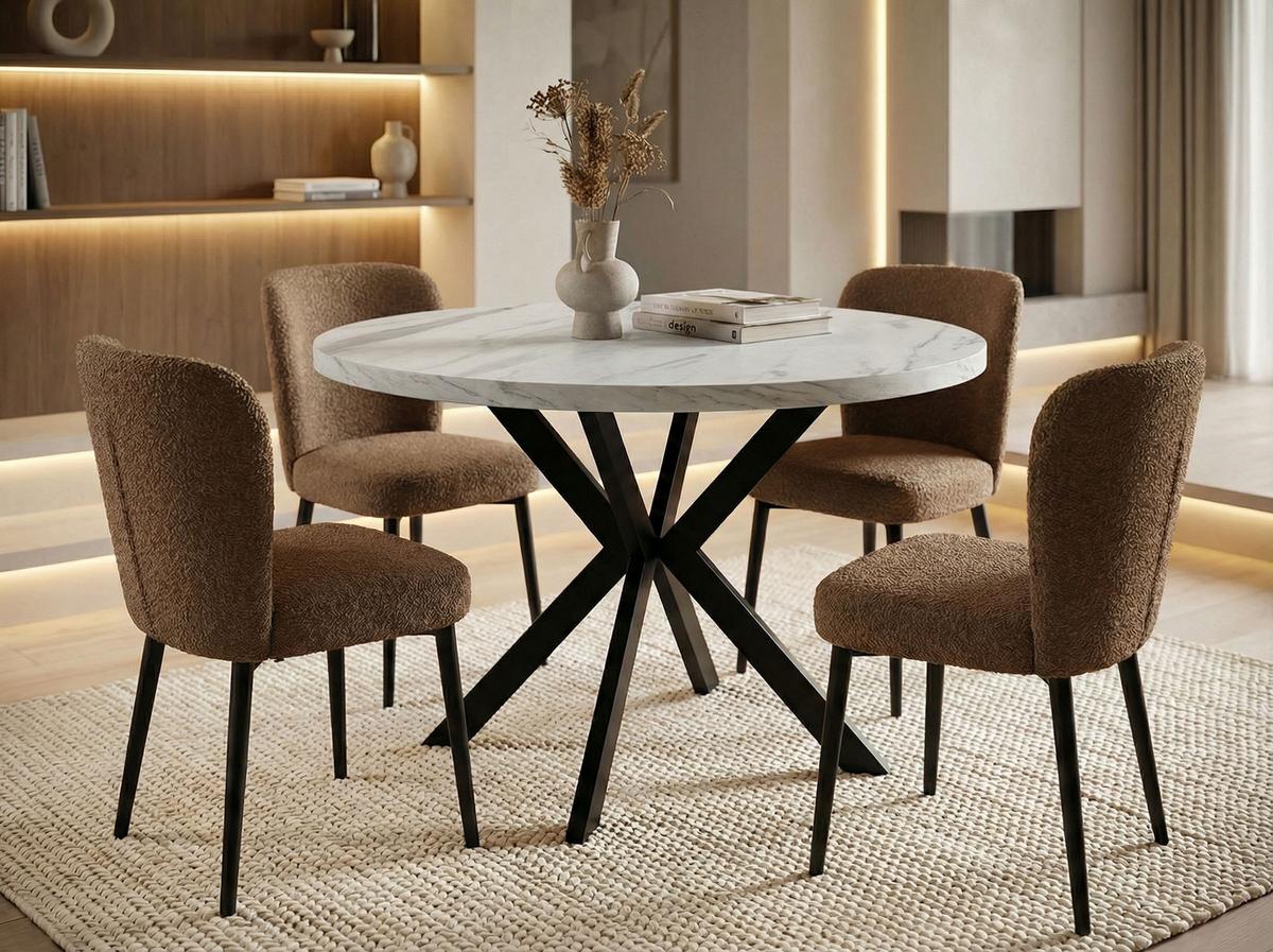 ESSTISCH Valeo runder ausziehbarer, Marmor Weiß 120-200/120/76 cm - Ecru/Schwarz, Holzwerkstoff/Metall (200/120/76cm) - WFL GROUP