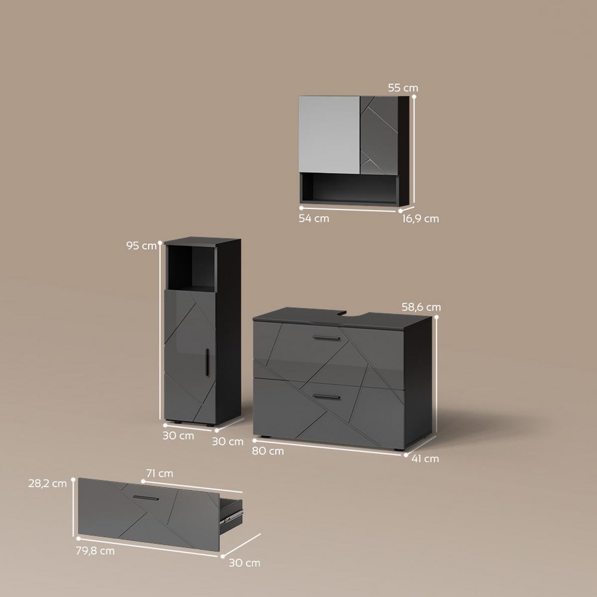BADMÖBEL-SET Ronco Anthrazit Hochglanz 3 Teile, mit Midischrank - Schwarz Hochglanz, Holzwerkstoff (80/58/41cm) - Livinity®