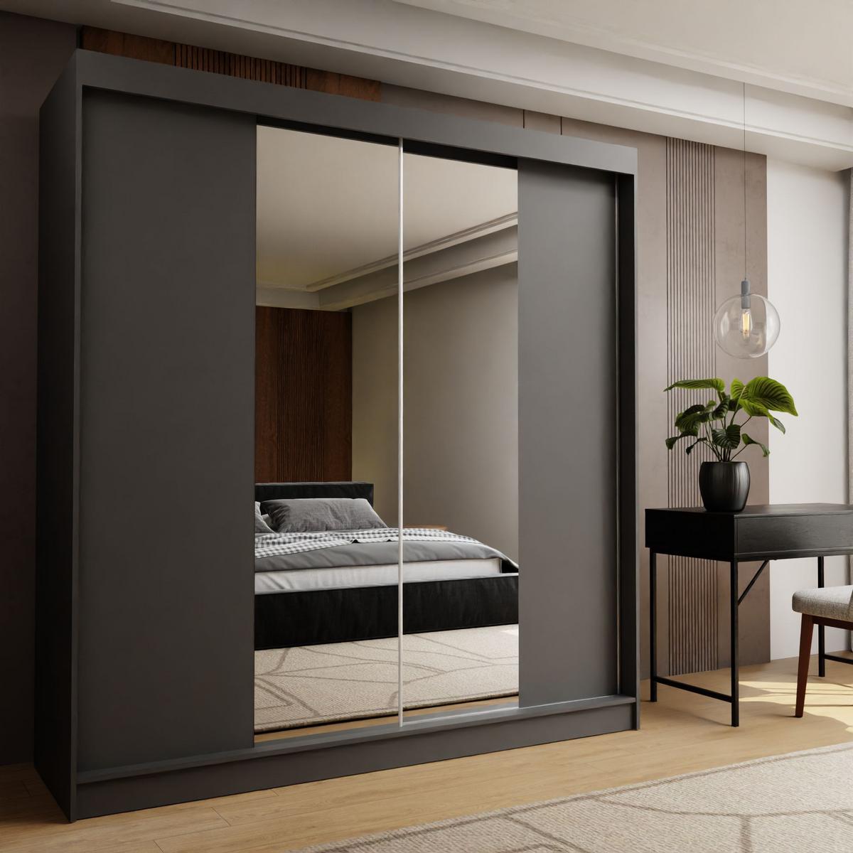 SCHWEBETÜRENSCHRANK LUCENZA 200/216/61 cm 2-türig mit Spiegel Grau - Grau, Holzwerkstoff (200/216/61cm) - MASSENO