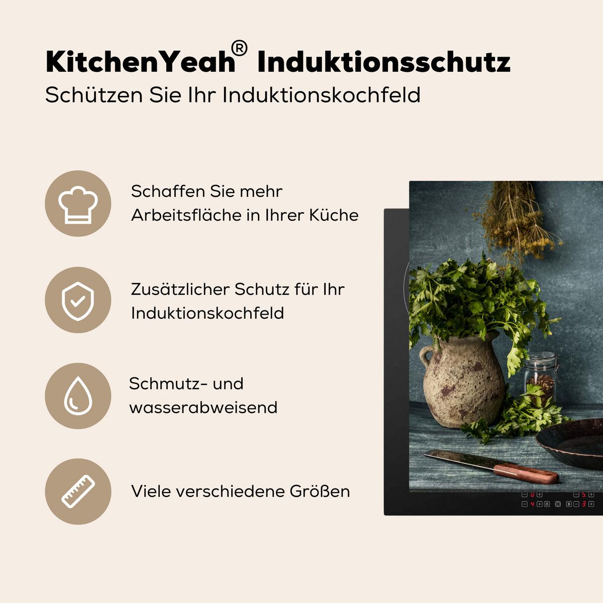 HERDABDECKPLATTE Kräuter - Gewürze - Pfanne - Messer - Grau - Rustikal Induktionsmatte 77x59 cm - Petrol, Kunststoff (77/59/0.2cm) - MuchoWow