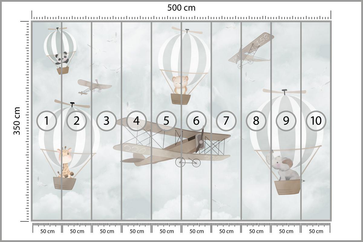 FOTOTAPETE für Kinderzimmer Ballons Tiere Wolken Flugzeuge Fantasie Retro 500x350 - Beige/Braun, Papier (500/350cm) - Muralo