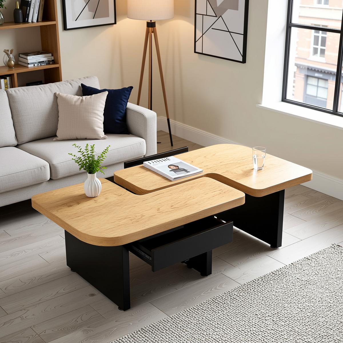 COUCHTISCH holzoptik led 2in1 schubladen - Naturfarben, Holzwerkstoff (60/135/44.5cm) - Urban Meuble