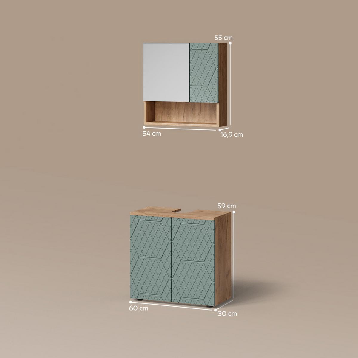BADMÖBEL-SET Ronco Grün/Goldkraft Eiche 2 Teile, Unterschrank 60 cm - Honigeiche/Grün, Holzwerkstoff (60/59/30cm) - Livinity®