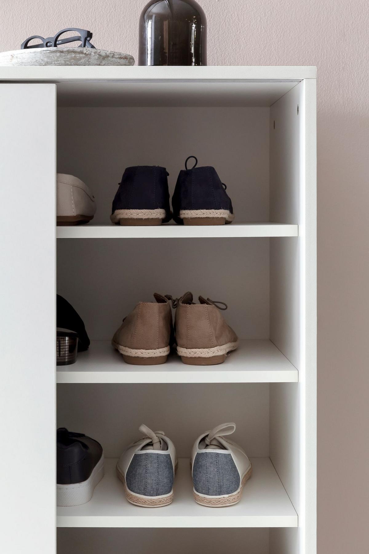 SCHUHSCHRANK Holz für 20 Paar Schuhe mit Schiebetüren, Weiß 100x38x108 cm - Silberfarben/Weiß, Holz/Kunststoff (100/108/38cm) - KADIMA DESIGN