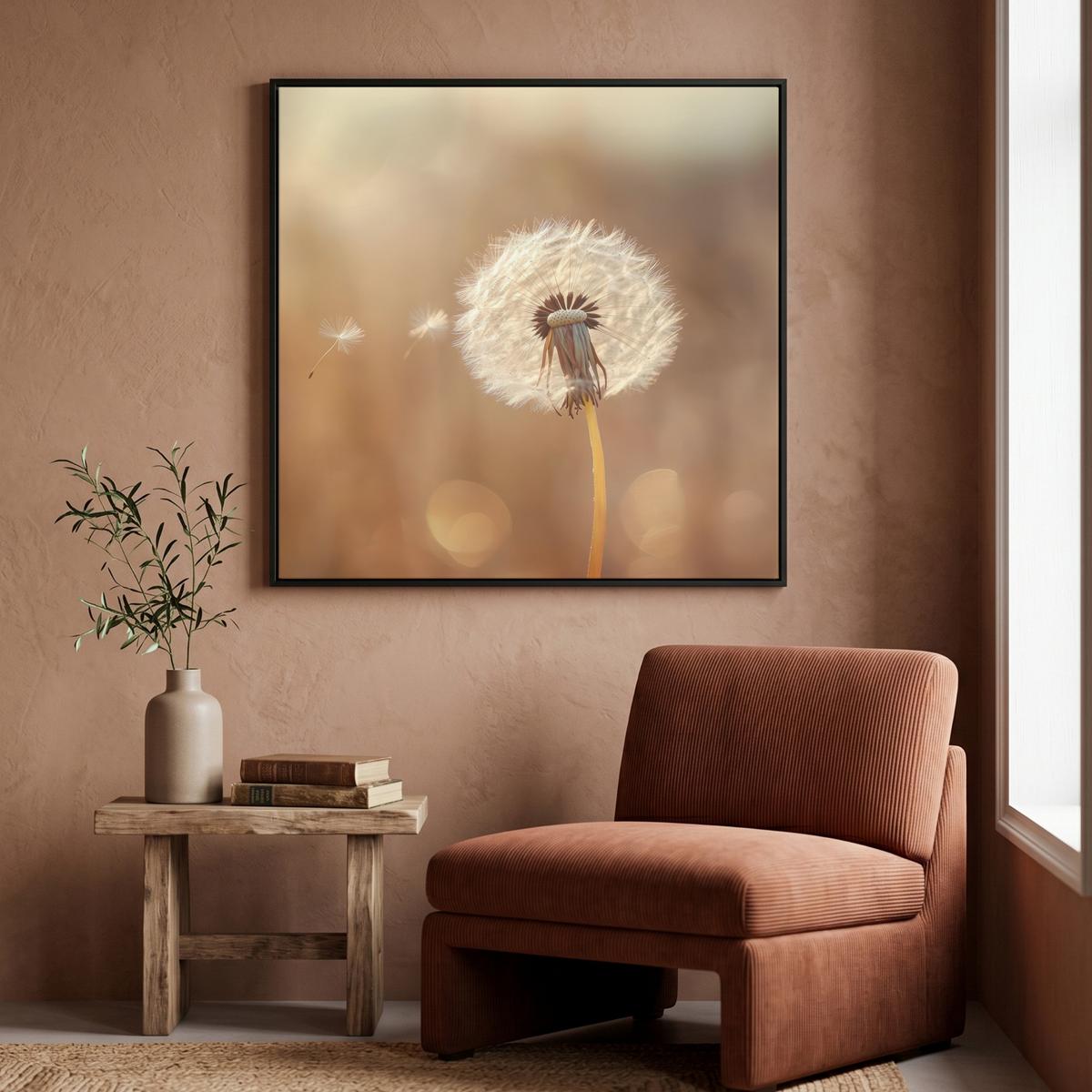 LEINWAND Bilder mit Rahmen - Löwenzahn - Beige - Natur - Blume - 90x90 - Hellbraun, Textil (90/90cm) - MuchoWow