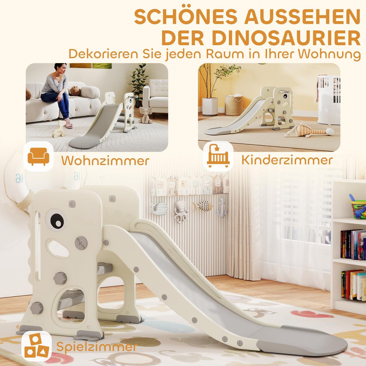 KINDERRUTSCHE 3 in 1 klappbar Kleinkinderrutsche mit Basketballkorb, Schnallen - Creme, Kunststoff (52/65/146cm) - AIYAPLAY