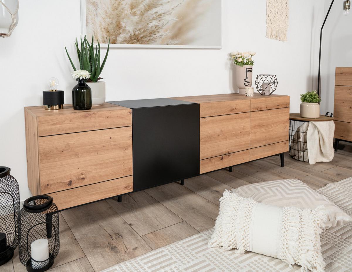 TV-LOWBOARD Eiche Artisan, schwarz 200 cm, Fernsehtisch mit Komforthöhe - Schwarz/Eiche Artisan, Holzwerkstoff (200/65/42cm) - Furn.Design