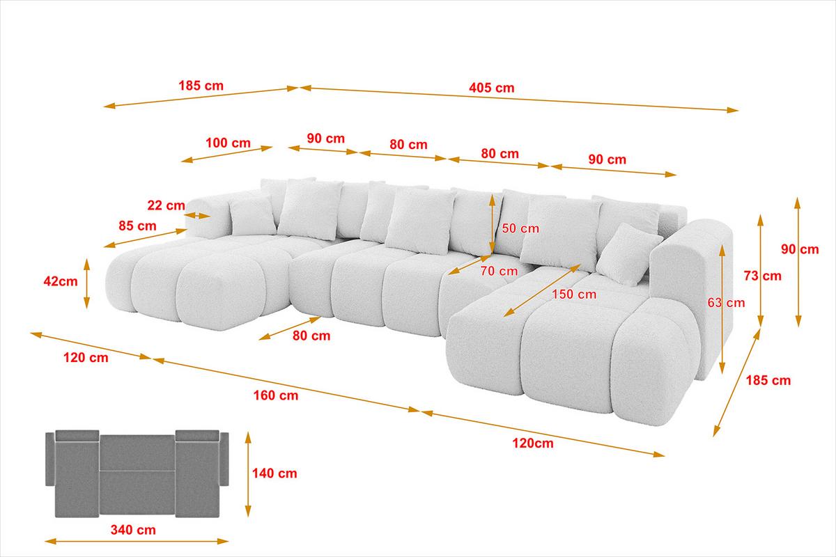 WOHNLANDSCHAFT CLOUD-U-v1 405x185x90 Weiß Bouclé - Weiß, Holzwerkstoff/Kunststoff (405/90/185cm) - ALTDECOR