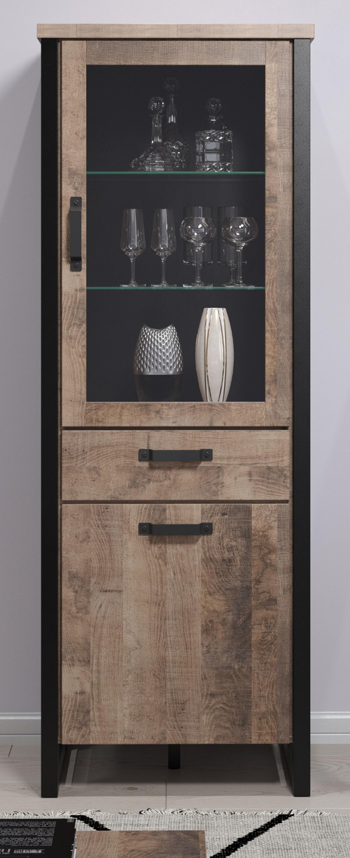 VITRINE Eiche Tabak, schwarz 70 x 195 cm, Vitrinenschrank für Wohn- und Esszimmer - Eichefarben/Schwarz, Glas/Holzwerkstoff (70/195/45cm) - Top.Furn