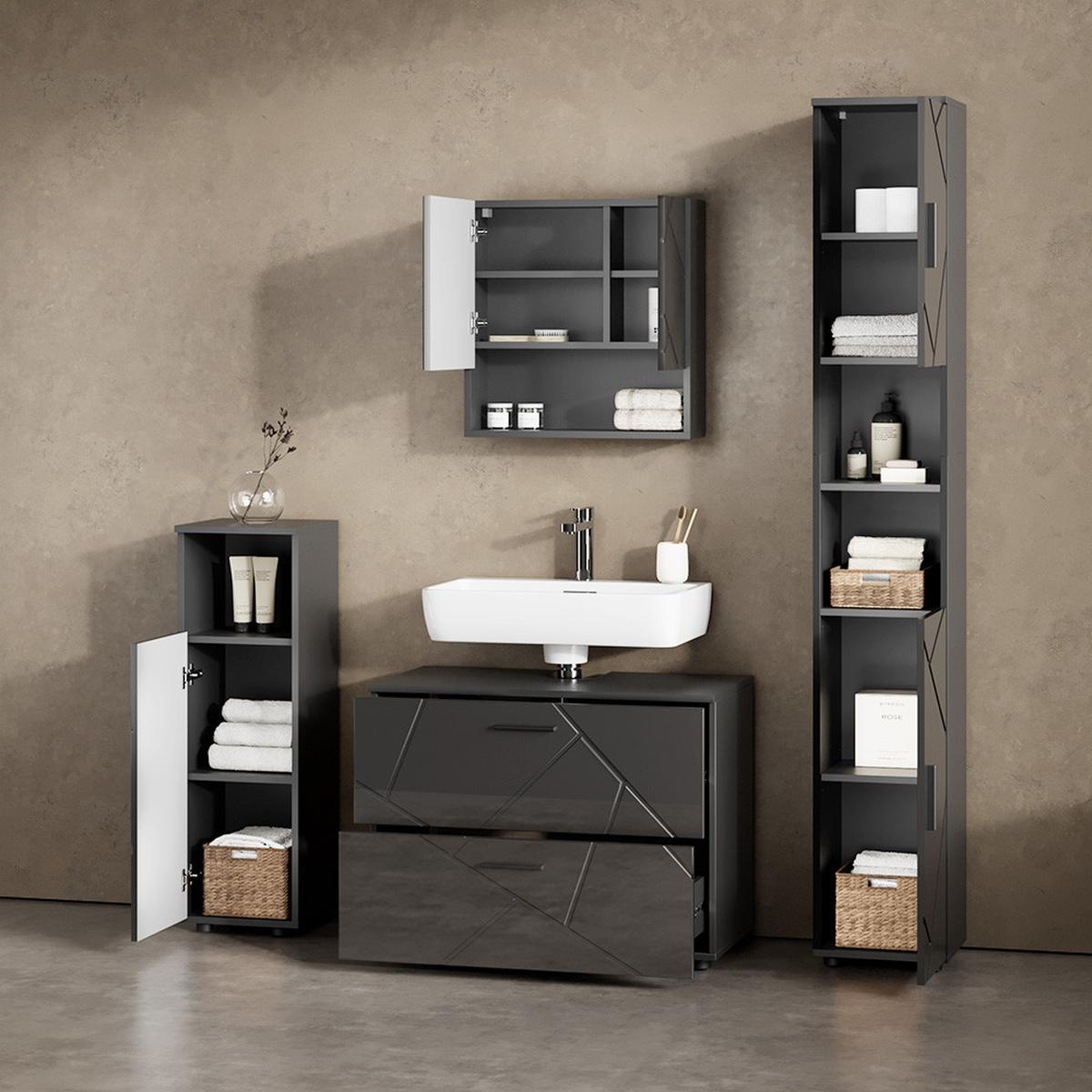 BADMÖBEL-SET Ronco Anthrazit Hochglanz 4 Teile, mit Schubladenschrank und Hochschrank - Schwarz Hochglanz, Holzwerkstoff (80/58/41cm) - Livinity®