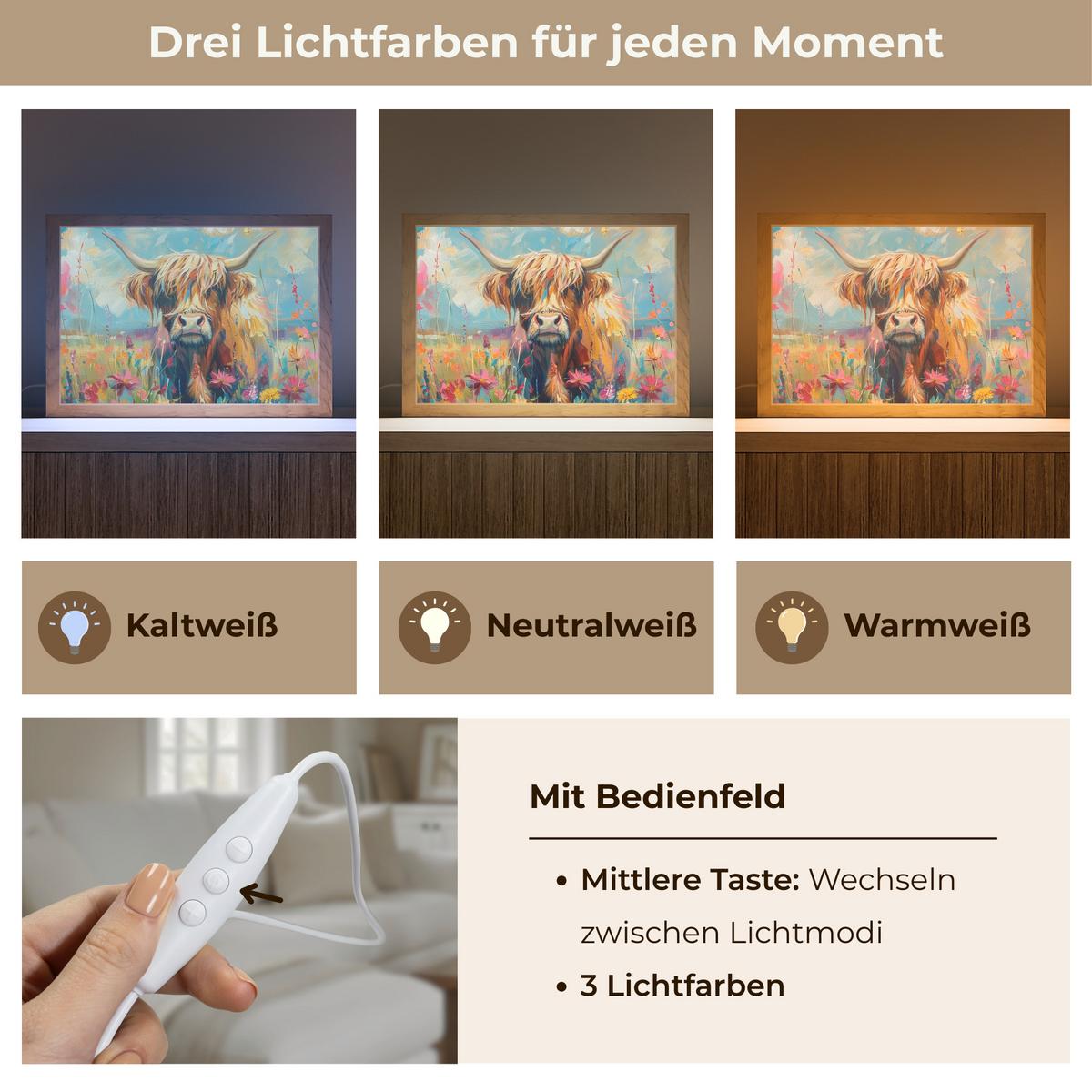 WANDLEUCHTE Schottische Hochländer - Natur - Farbenfroh - Blumen 30x20 cm - Multicolor, Holzwerkstoff (30/20/8cm) - OnlyWow