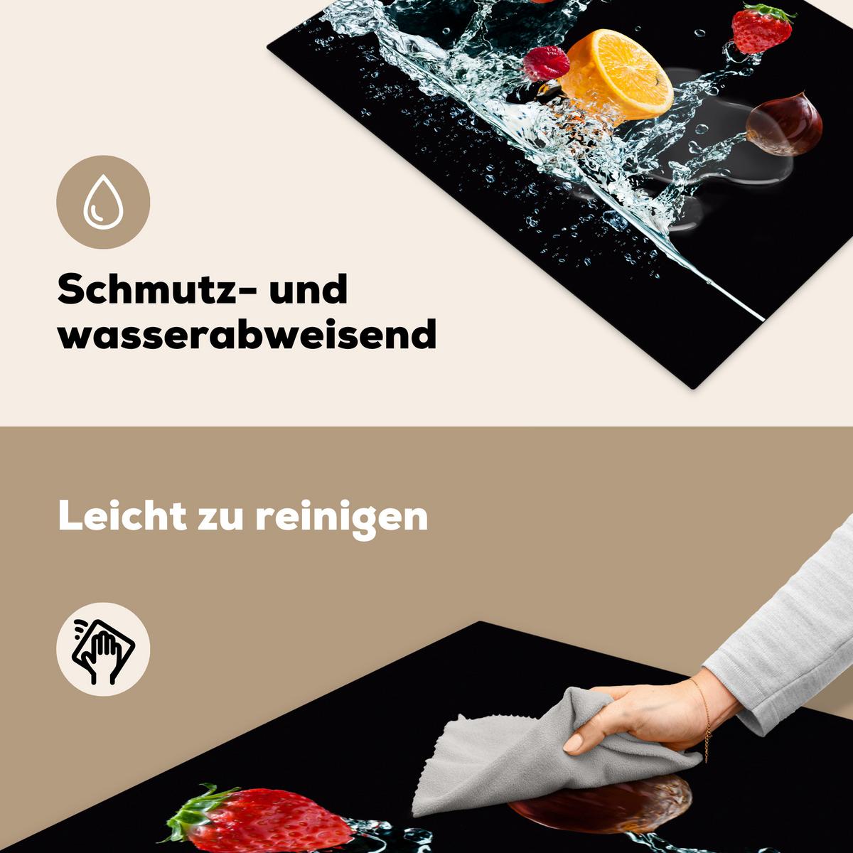HERDABDECKPLATTE Wasser - Obst - Orange - Erdbeere - Kirsche - Schwarz Herdabdeckung Induktionsfeld 75x52 cm - Orange, Kunststoff (75/52/0.2cm) - MuchoWow