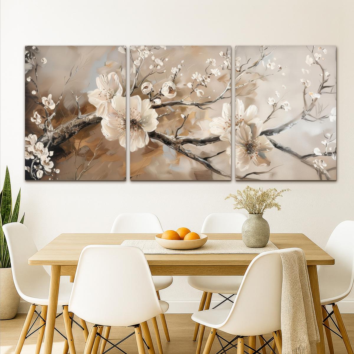 LEINWANDBILD 3er Set Blüte - Beige - Abstrakt - Blumen 180x80 cm - Hellbraun, Textil (180/80cm) - MuchoWow