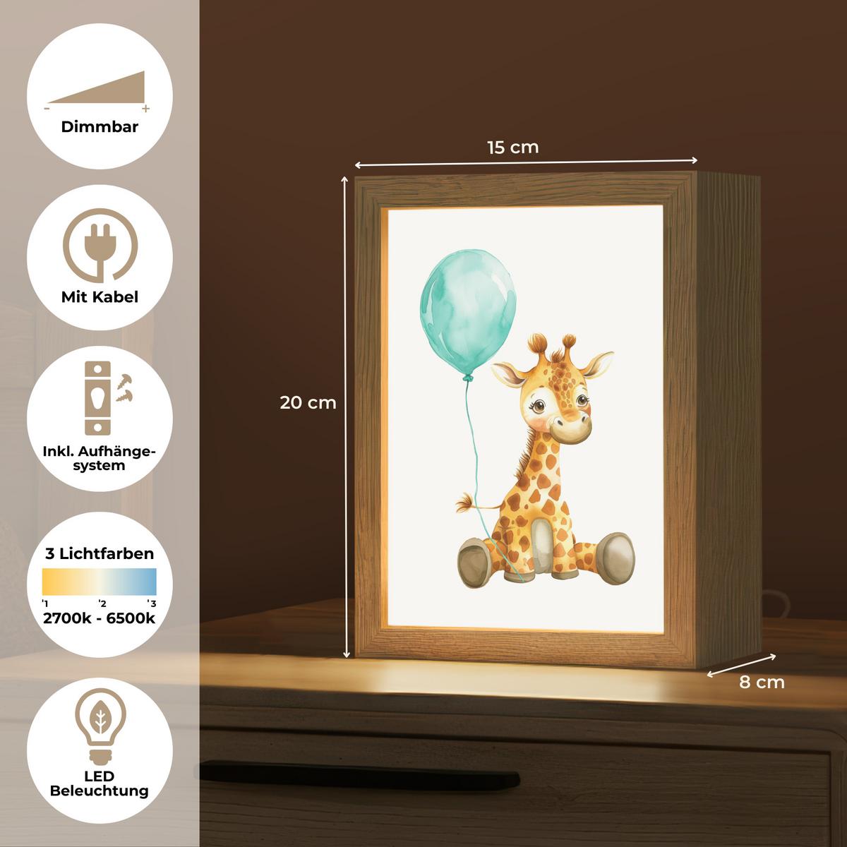 NACHTTISCHLAMPE Giraffe - Baby - Tiere - Blauer Ballon 15x20 cm - Weiß, Holzwerkstoff (8/15/20cm) - OnlyWow