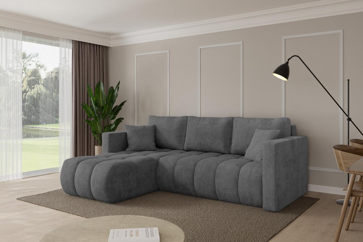 ECKSOFA mit Schlaffunktion Ottomane Links GARD-L 226x146x85 Dunkelgrau Cord - Dunkelgrau/Schwarz, Holzwerkstoff/Kunststoff (226/146cm) - ALTDECOR