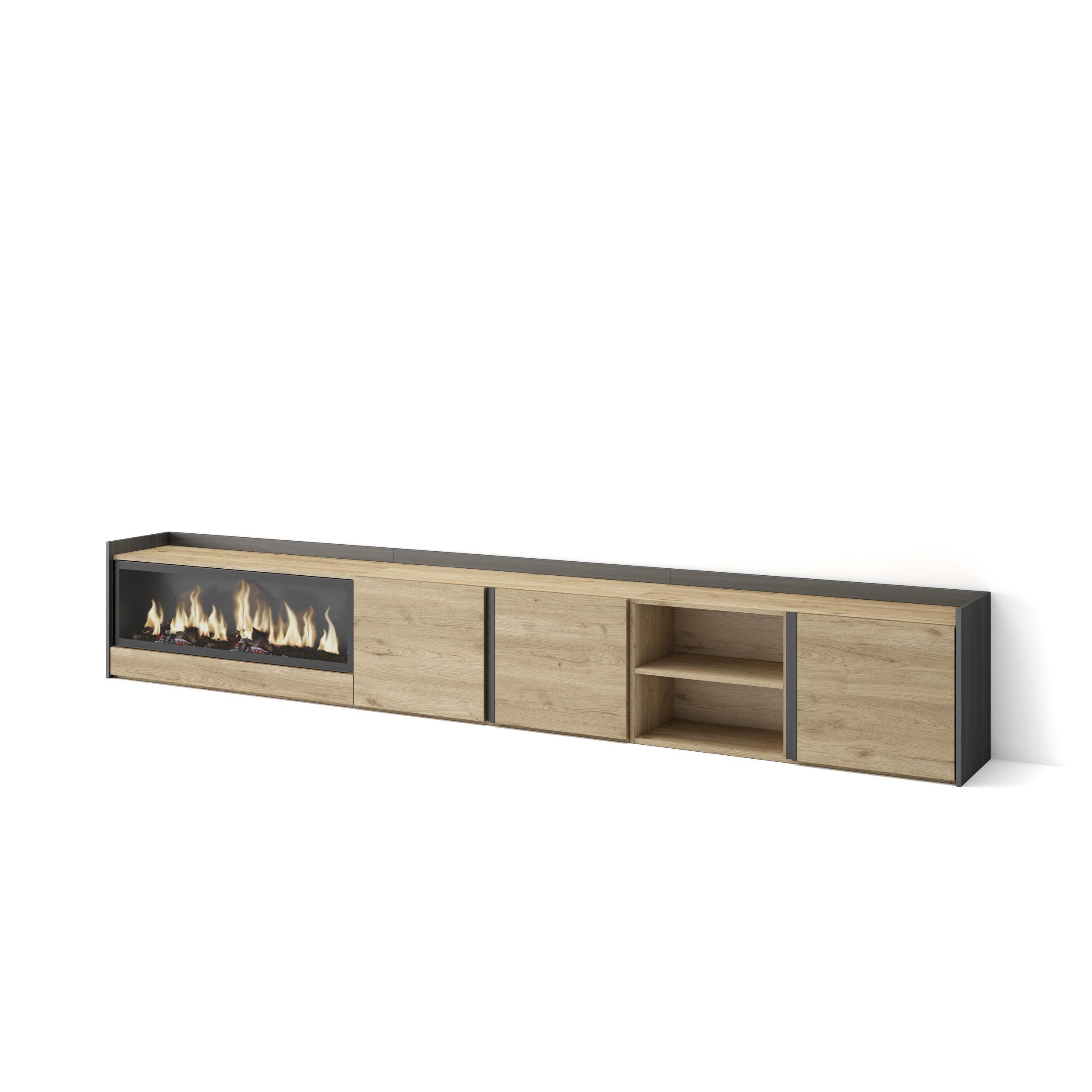 LOWBOARD, Eiche und Schwarz, 315/35/50cm, Kamin mit Feuereffekt XXL - Eichefarben, Holzwerkstoff (315/50/35cm) - Skraut Home
