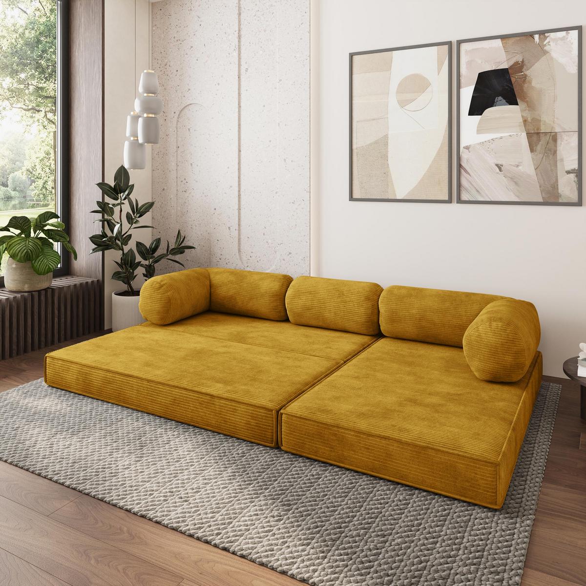ECKSOFA ETERA modulares Boneless Sofa mit Schlaffunktion Gelb Kordstoff - Gelb, Textil (270/160cm) - MASSENO