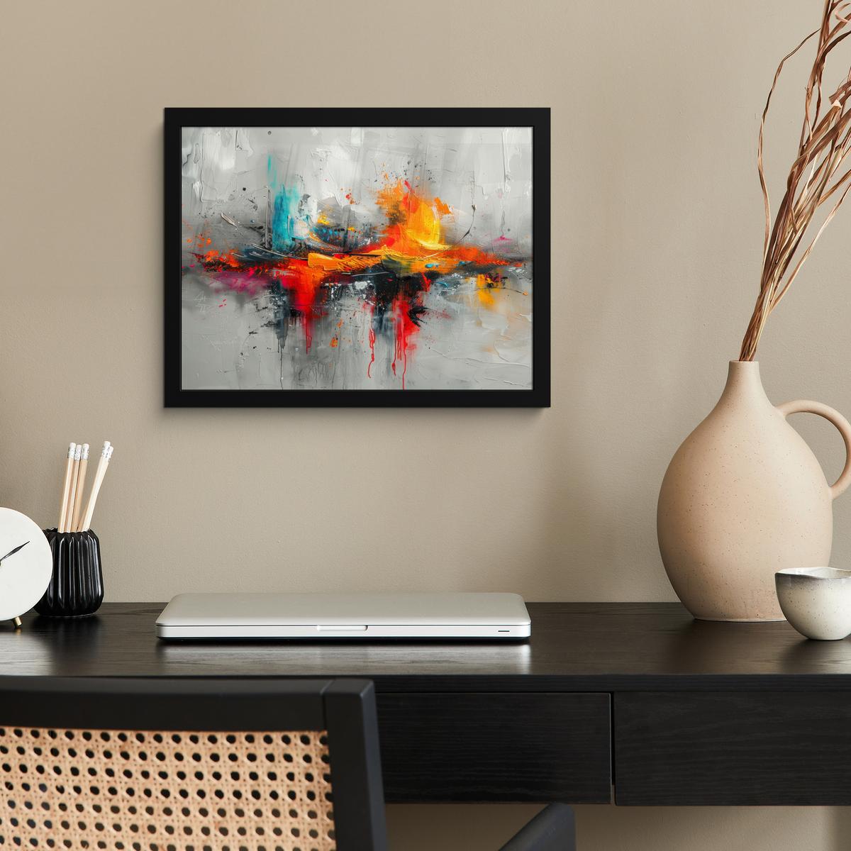 POSTER MIT RAHMENGERAHMTES BILD Moderne Kunst - Orange - Grau - Abstrakt 40x30 cm - Hellgrau, Papier (40/30cm) - MuchoWow
