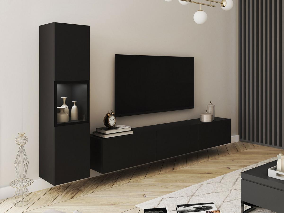WOHNWAND Berlin I mit weißer LED Beleuchtung - Graphitfarben/Schwarz, Holzwerkstoff/Kunststoff (180/30/33cm) - MIRJAN24