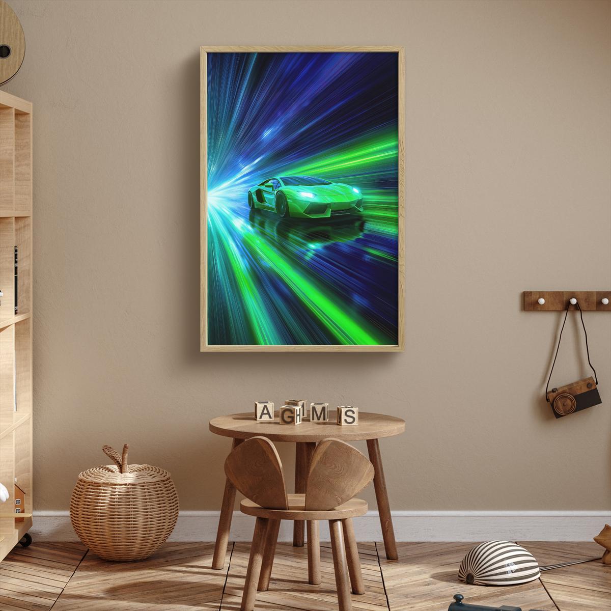 WANDLEUCHTE MIT AKKU Geschwindigkeit - Leicht - Sportwagen - Grün 70x100 cm - Grün, Holzwerkstoff (70/100/8cm) - OnlyWow