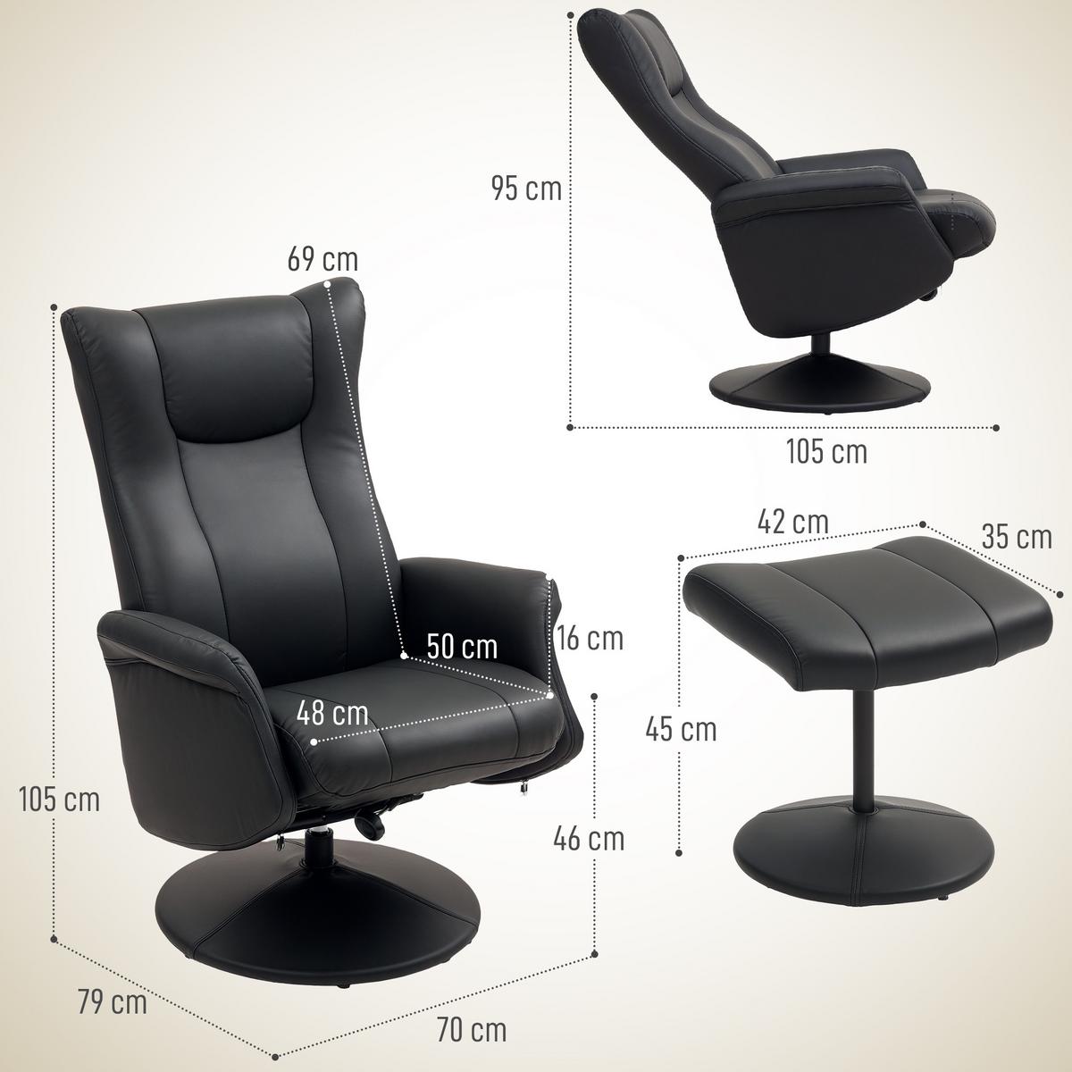 RELAXSESSEL mit Hocker 360°Drehbarer Fernsehsessel mit Liegefunktion Schwarz - Schwarz, Leder/Kunststoff (70/105/79cm) - HOMCOM