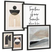 BILDER SET 5er Set - 50x50 cm & 20x30 cm & 40x60 cm Schwarzer Rahmen - Abstrakte Formen beige braun - Schwarz, Kunststoff (40/60cm) - TULUP