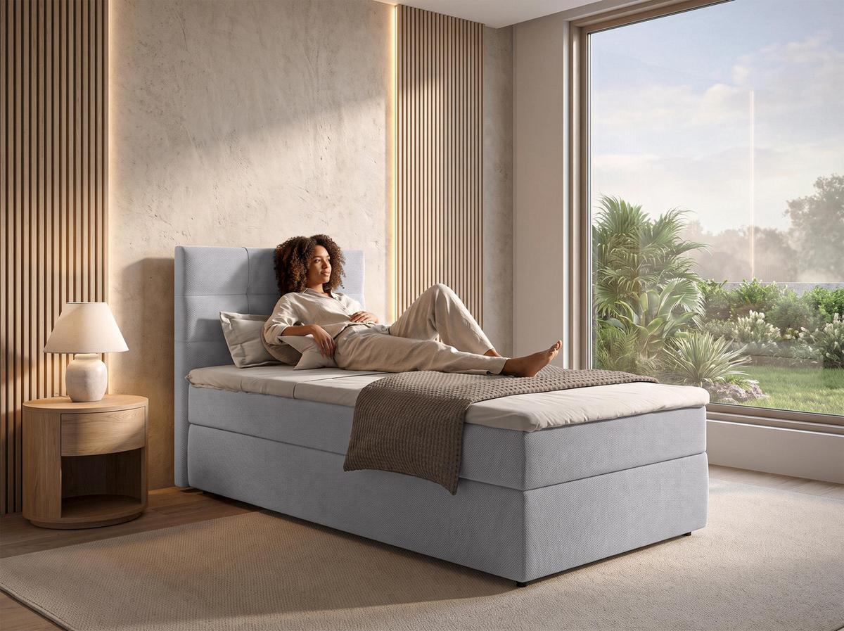 BOXBETT SAKARYA 80x200 cm mit Bettkasten und Matratze - Hellgrau + TOPPER - Hellgrau/Schwarz, Holz/Holzwerkstoff (80/200cm) - AX Living