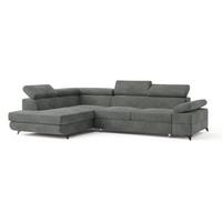 ECKSOFA FAVIEN L-S Grau Velours-Stoff mit Schlaffunktion - Grau, Holz (257/190cm) - MASSENO