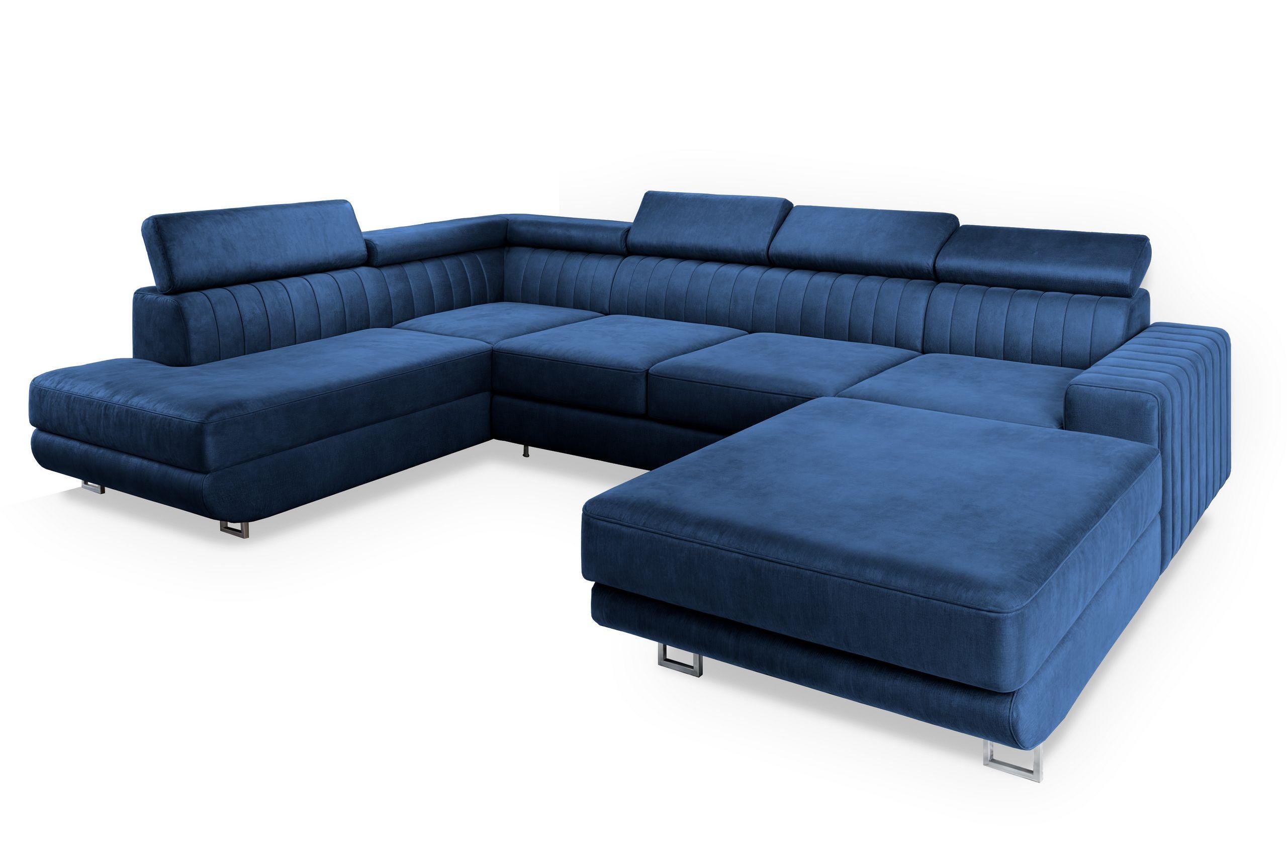 WOHNLANDSCHAFT SIENA L-S Blau Velours-Stoff mit Schlaffunktion - Blau/Silberfarben, Holz/Textil (335/89/190cm) - MASSENO