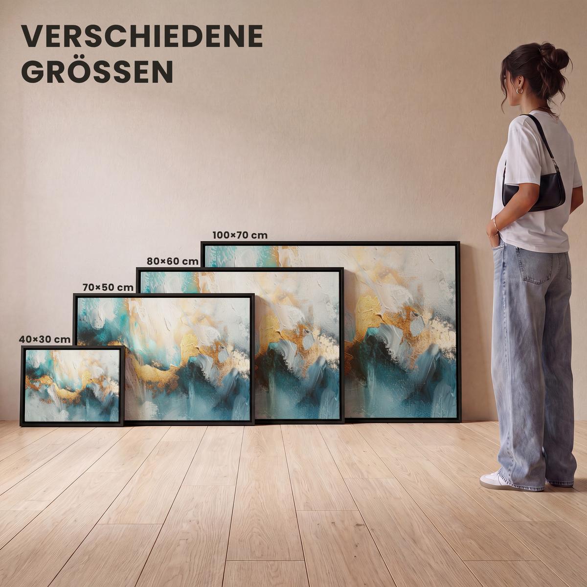 LEINWAND Bilder mit Rahmen - Abstrakt - Kunst - Gold - Blau - 80x60 - Petrol, Textil (80/60cm) - MuchoWow