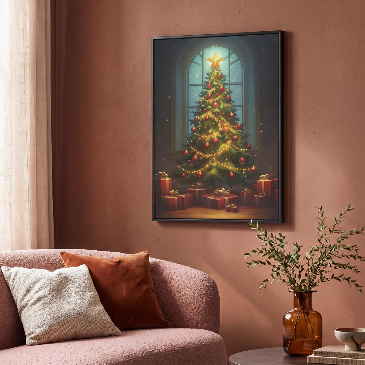 LEINWAND Bilder mit Rahmen - Weihnachtsbaum - Geschenk - Winter - 70x100 - Grün, Textil (70/100cm) - MuchoWow