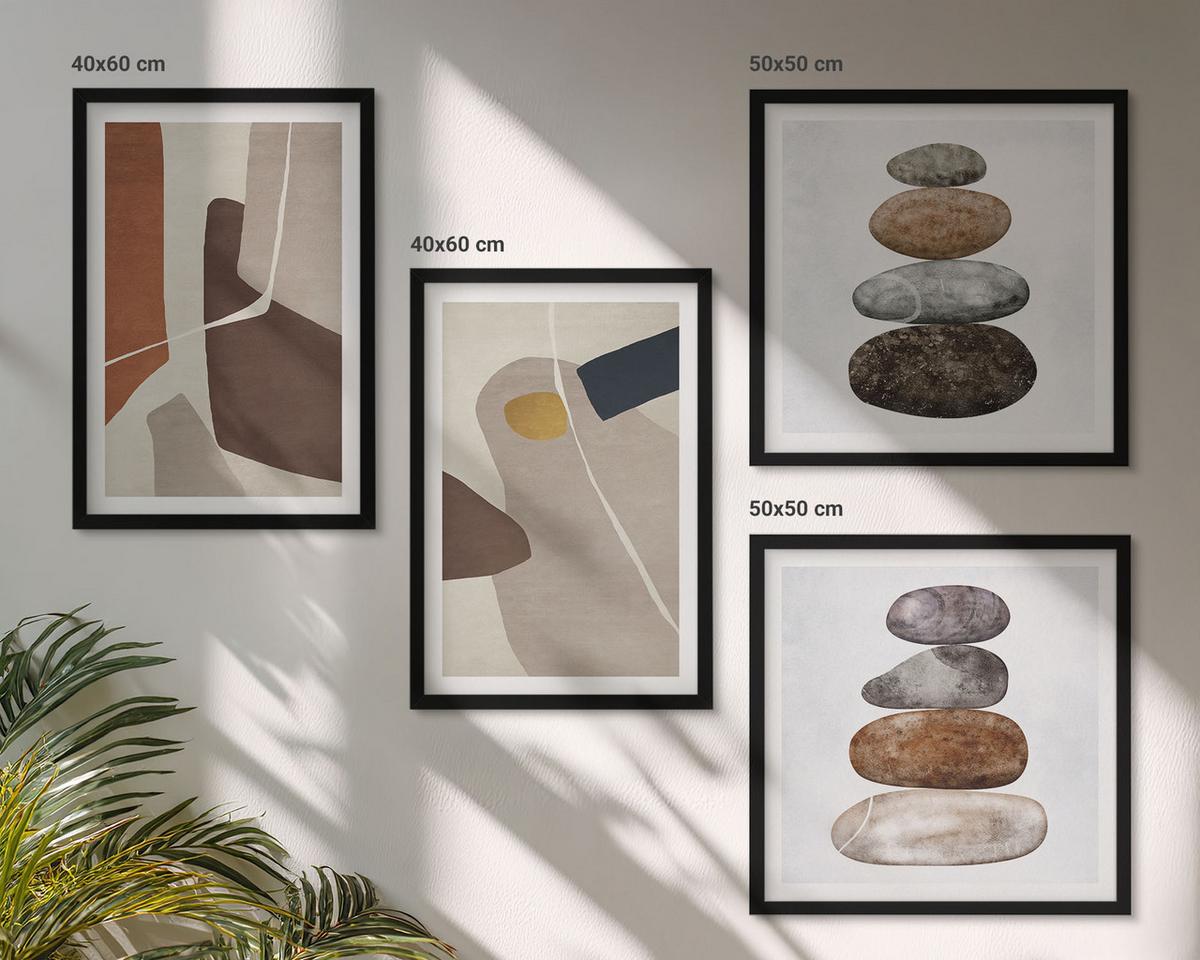 BILDER SET 4er Set - 50x50 cm & 40x60 cm Schwarzer Rahmen - Abstrakte Boho-Formen - Schwarz, Kunststoff (50/50cm) - TULUP