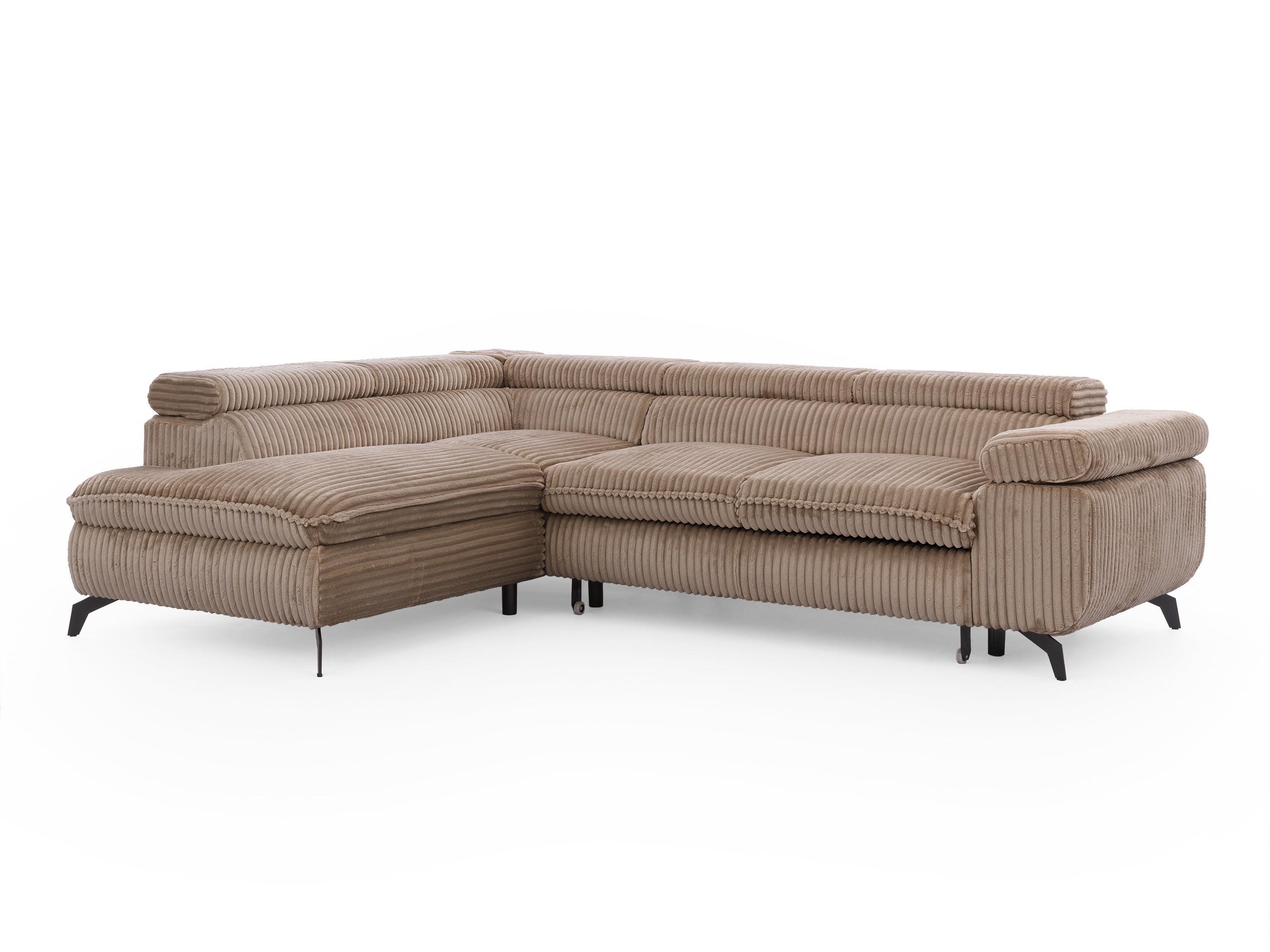 ECKSOFA mit Schlaffunktion und Bettkasten Bonnie aus Beige Cord-Stoff mit verstellbaren Kopfstützen und Armlehne - Ottomane links - Beige/Schwarz, Holz/Textil (275/210cm) - S-Style Möbel