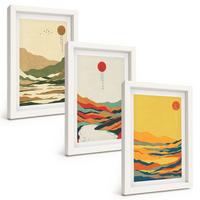 BILDER SET 3er Set - 20x30 cm Weißer Rahmen - Farbenfrohe Muster der Japandi-Flussberge - Weiß, Kunststoff (20/30cm) - TULUP