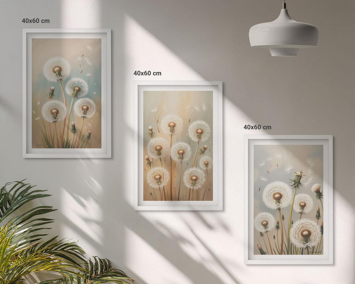 BILDER SET 3er Set - 40x60 cm Weißer Rahmen - Pastellfarbene Löwenzahnblüten - Weiß, Kunststoff (40/60cm) - TULUP