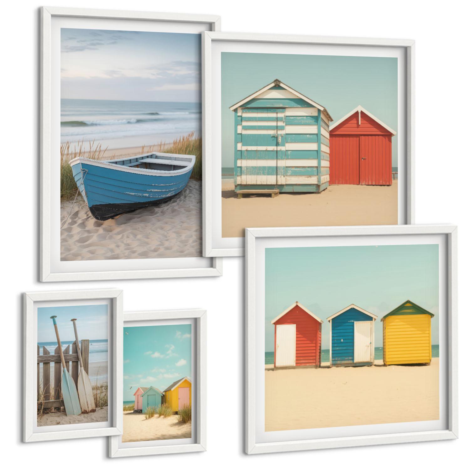 BILDER SET 5er Set - 50x50 cm & 20x30 cm & 40x60 cm Weißer Rahmen - Farbenfrohe Berge und Küstenstädte - Weiß, Kunststoff (40/60cm) - TULUP