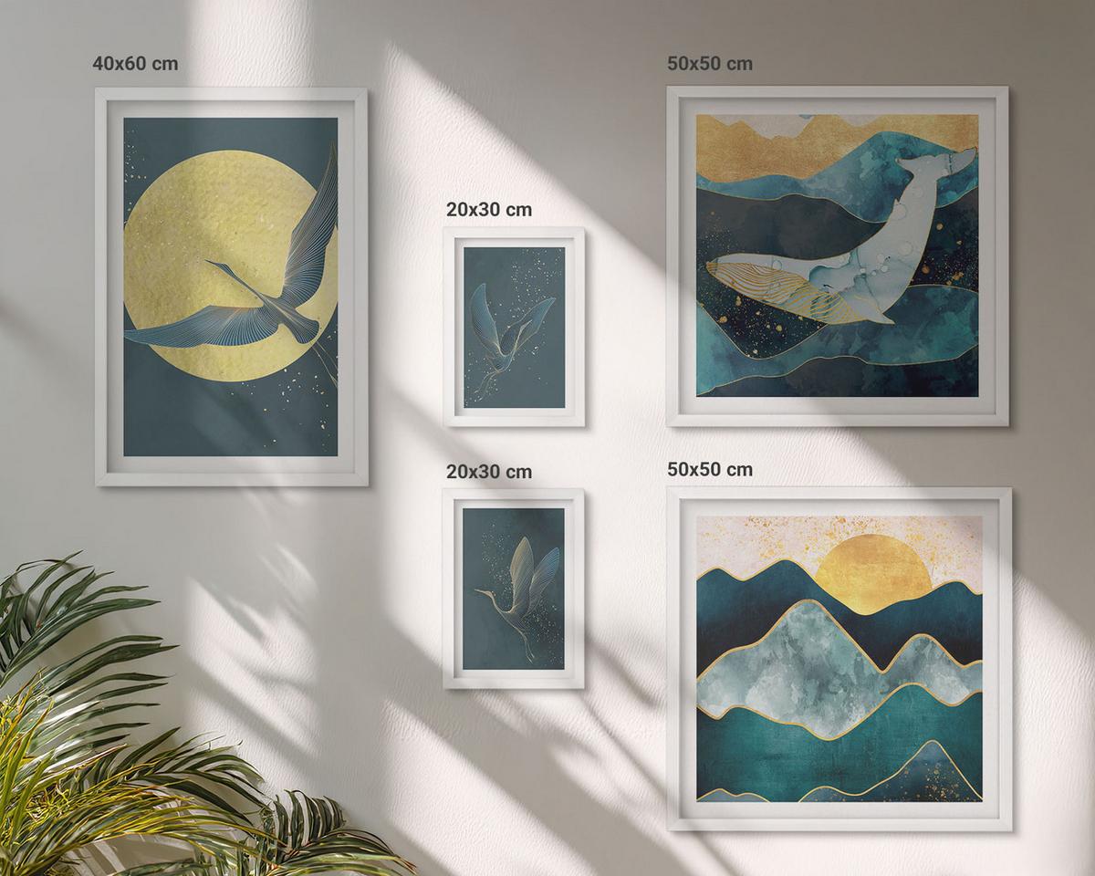 BILDER SET 5er Set - 50x50 cm & 20x30 cm & 40x60 cm Weißer Rahmen - Vögel, Kraniche, Mond, Berge - Weiß, Kunststoff (40/60cm) - TULUP