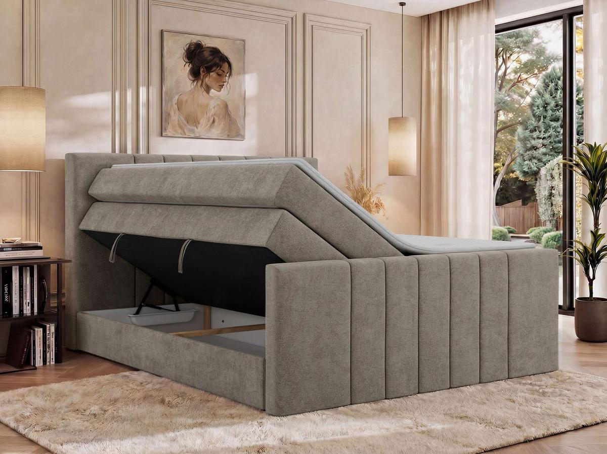 BOXSPRINGBETT INERO DUO KING 200/200 - Greige Stukture - Topper Visco - H4 - Greige/Schwarz, Kunststoff/Textil (200/200cm) - MKS