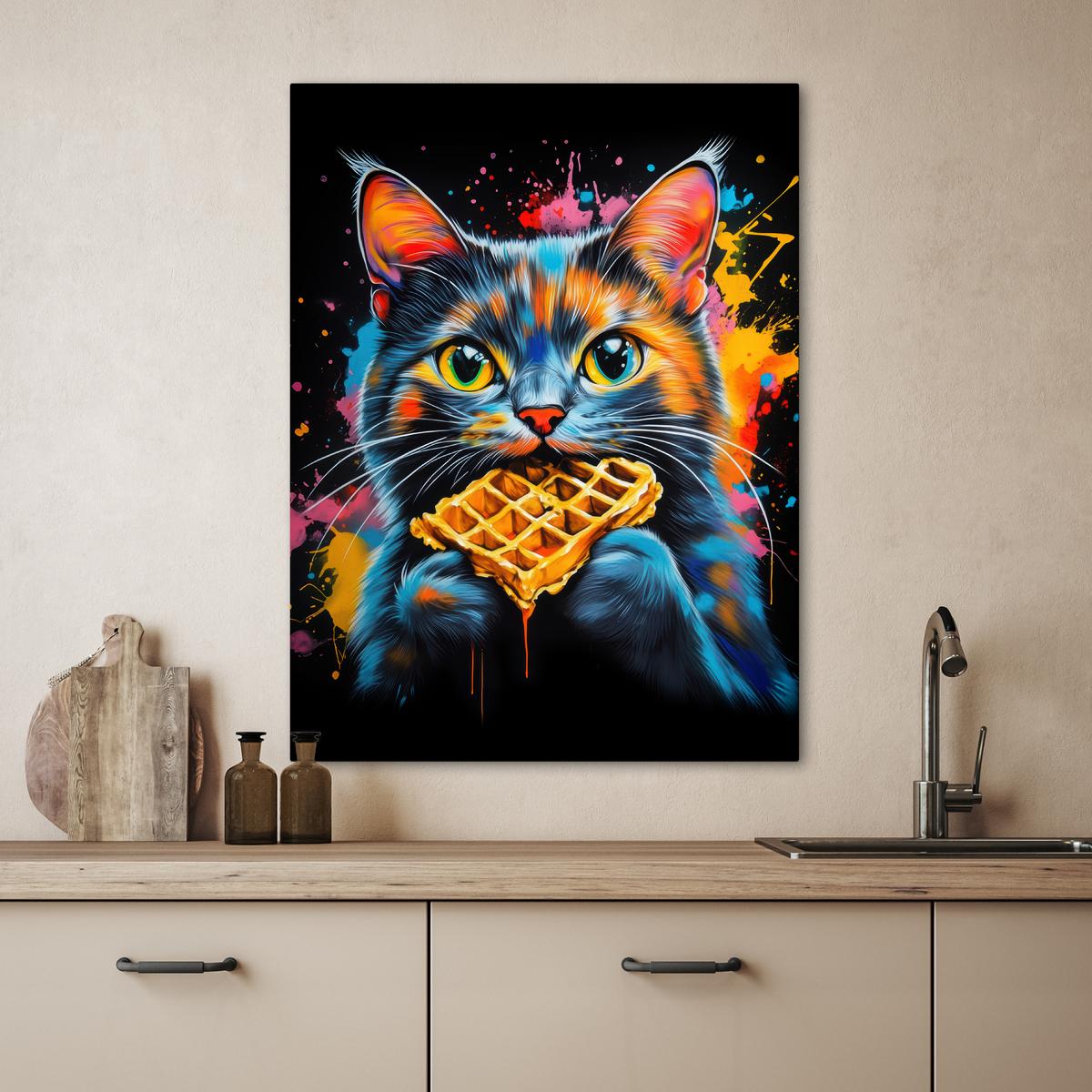 LEINWANDBILD Katze - Graffiti - Bunt - Waffel - Essen Wandbild Wohnzimmer 60x80 cm - Türkis, Textil (60/80cm) - MuchoWow