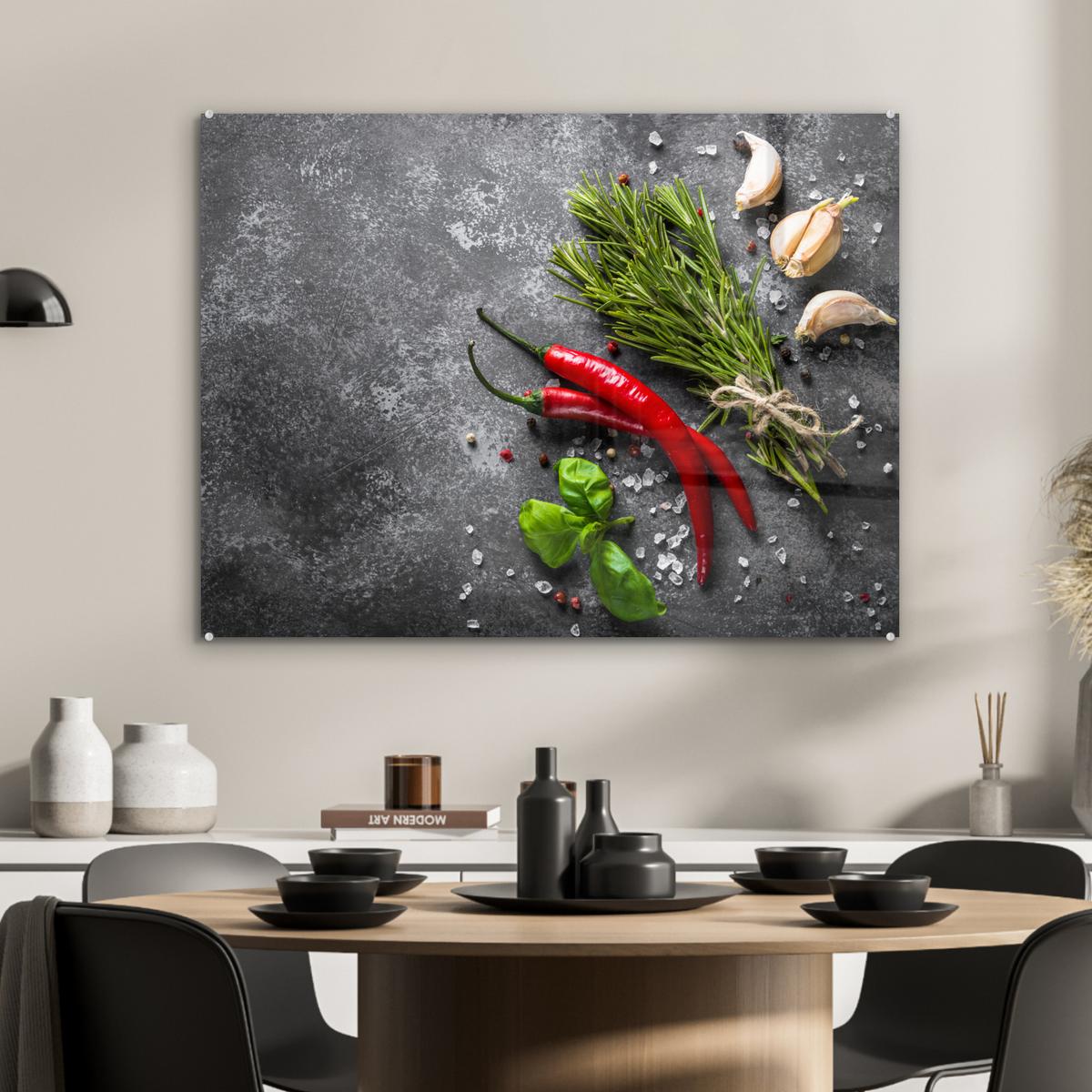 ACRYLGLASBILD Pfeffer - Kräuter - Gewürze - Beton 80x60 cm - Dunkelgrau, Glas (80/60cm) - MuchoWow