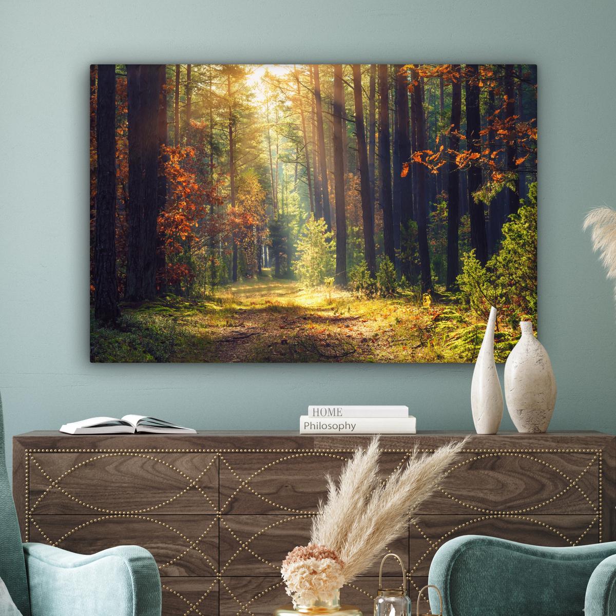 LEINWANDBILD Wald - Herbst - Bäume Groß 140x90 cm - Dunkelgrün, Textil (140/90cm) - MuchoWow