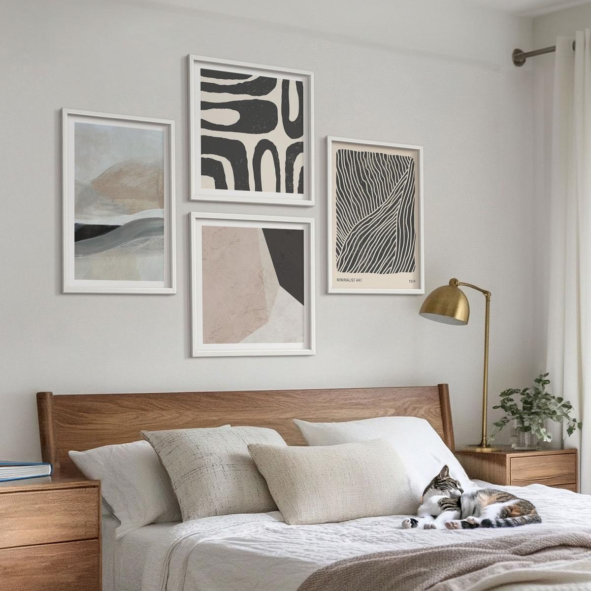 BILDER SET 4er Set - 50x50 cm & 40x60 cm Weißer Rahmen - Abstrakte Boho-Dekorationsmuster - Weiß, Kunststoff (50/50cm) - TULUP