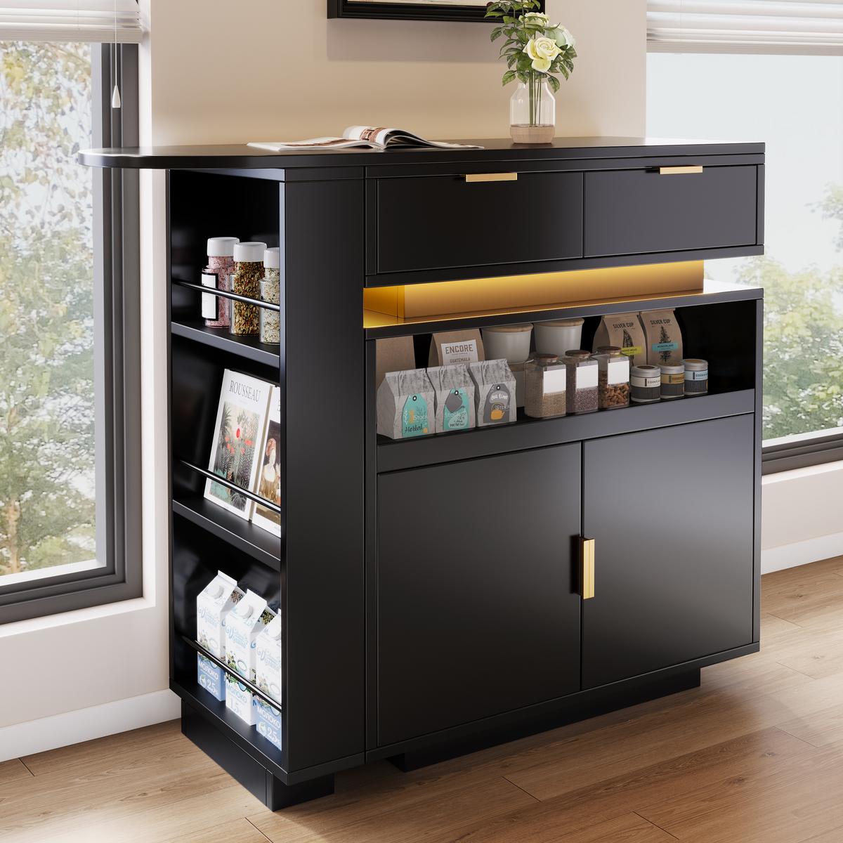 BARTISCH mit küchenbuffet in schwarz, 360° drehbar & led-beleuchtung - Schwarz, Holzwerkstoff (40/183/90cm) - Urban Meuble