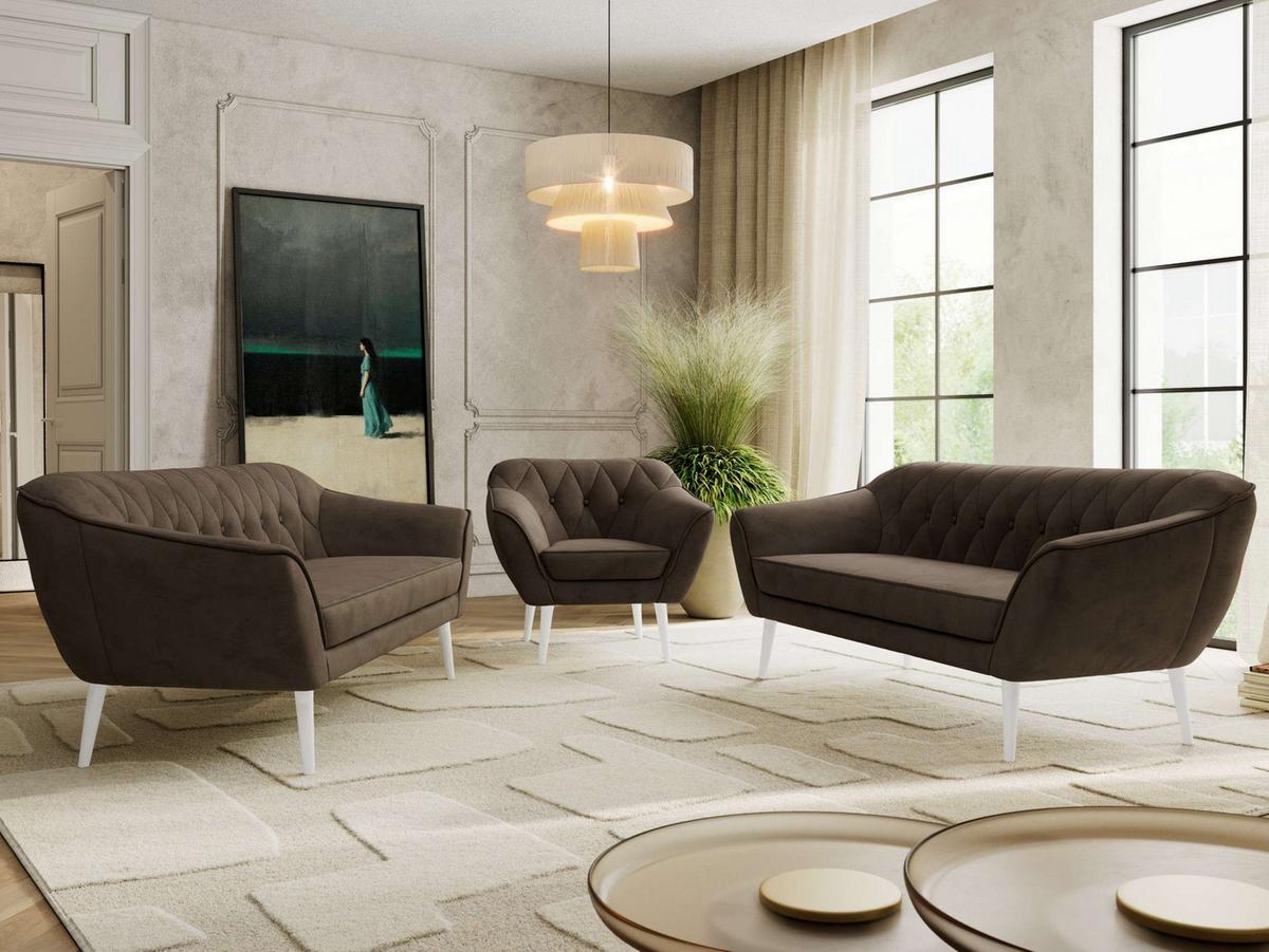 SITZGARNITUR PIRS 3+3+1 - Braun Velvet - Weiße Beine - Dunkelbraun/Braun, Holzwerkstoff/Textil (180/75/74cm) - MKS