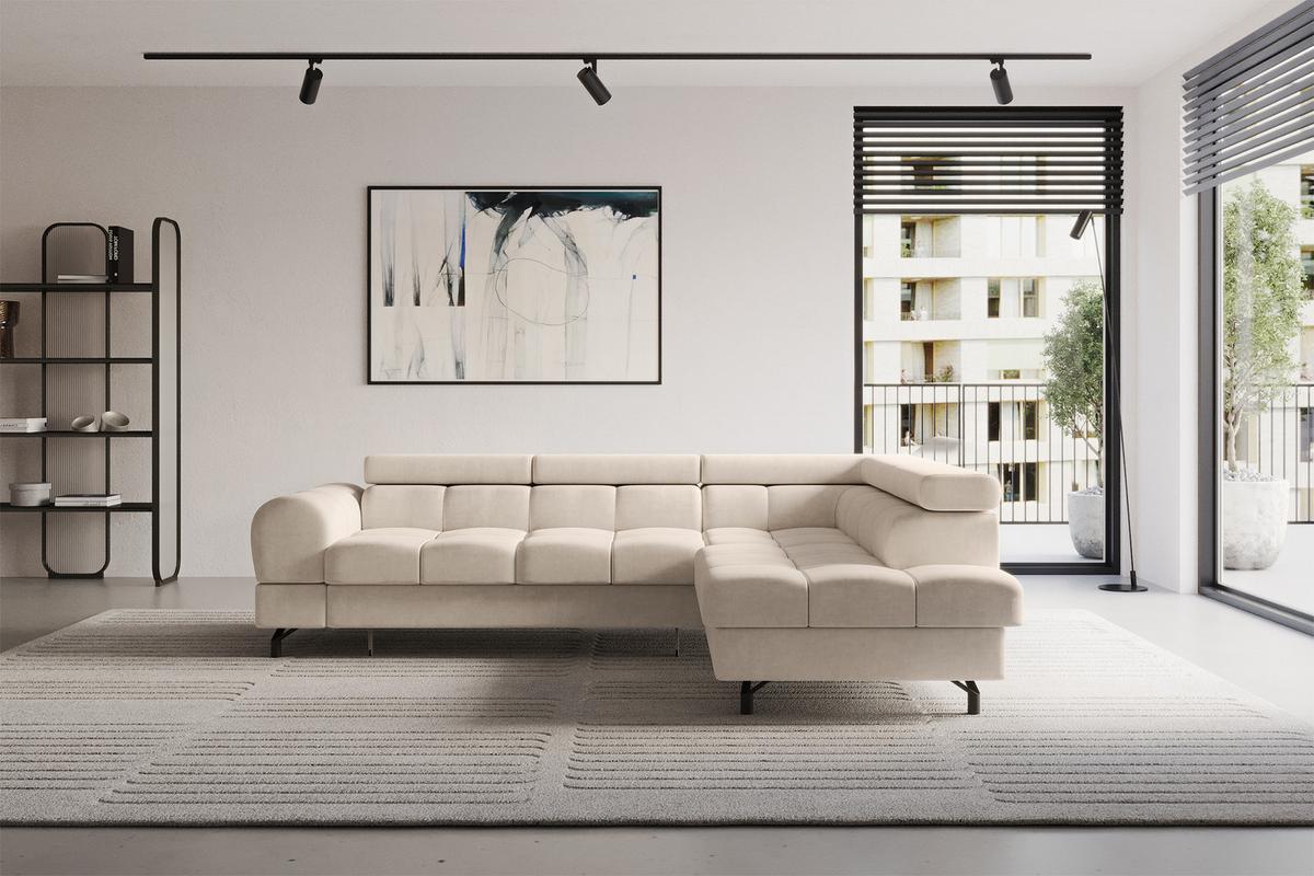 ECKSOFA mit Schlaffunktion Ottomane Rechts LUMA-L 272x203x70 Beige Velours - Sandfarben/Schwarz, Holzwerkstoff/Kunststoff (203/272cm) - ALTDECOR