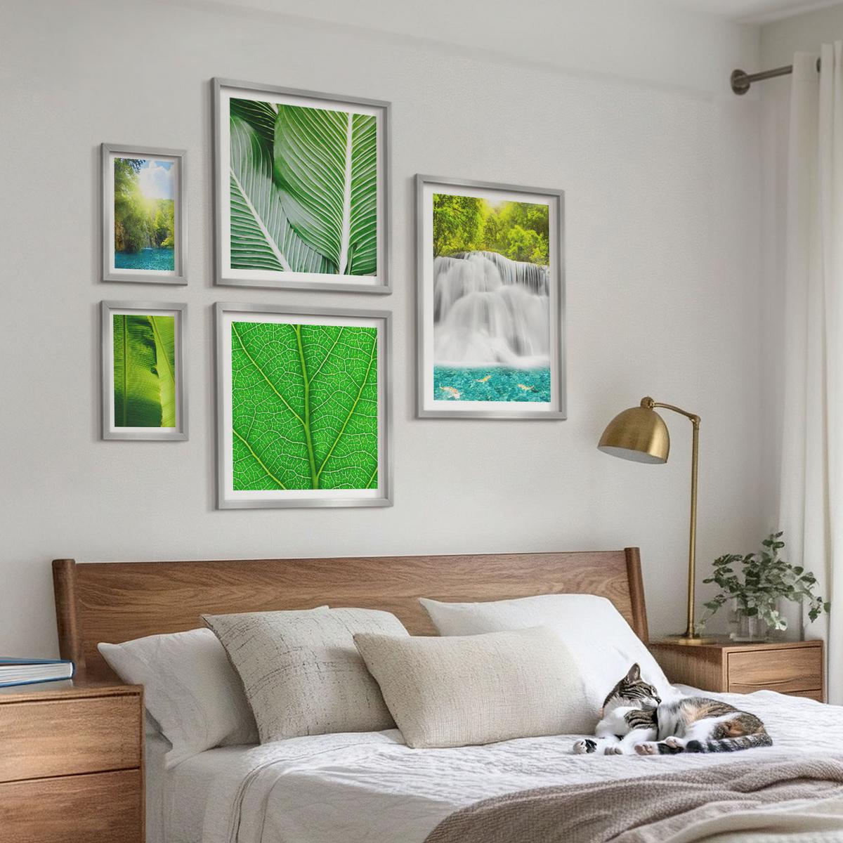 BILDER SET 5er Set - 50x50 cm & 20x30 cm & 40x60 cm Silberner Rahmen - Nahaufnahme von tropischen Blättern - Silberfarben, Kunststoff (40/60cm) - TULUP