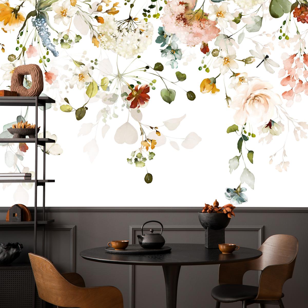 FOTOTAPETE für Schlafzimmer Bunte Zarte Blumen Blätter Pastell 400x280 - Ecru/Beige, Papier (400/280cm) - Muralo